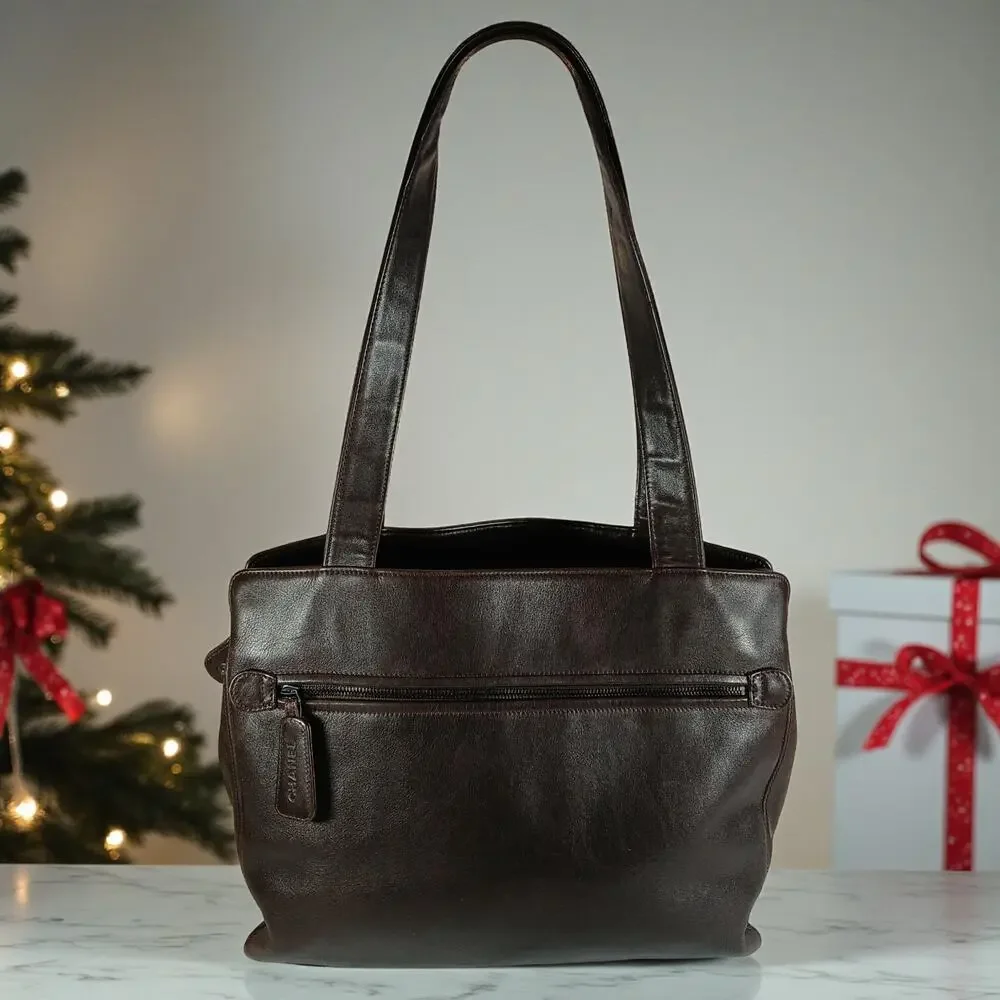 AUTHENTIC CHANEL CC Brown Coco Mark Lambskin Leather Tote Bag MSRP $6,700